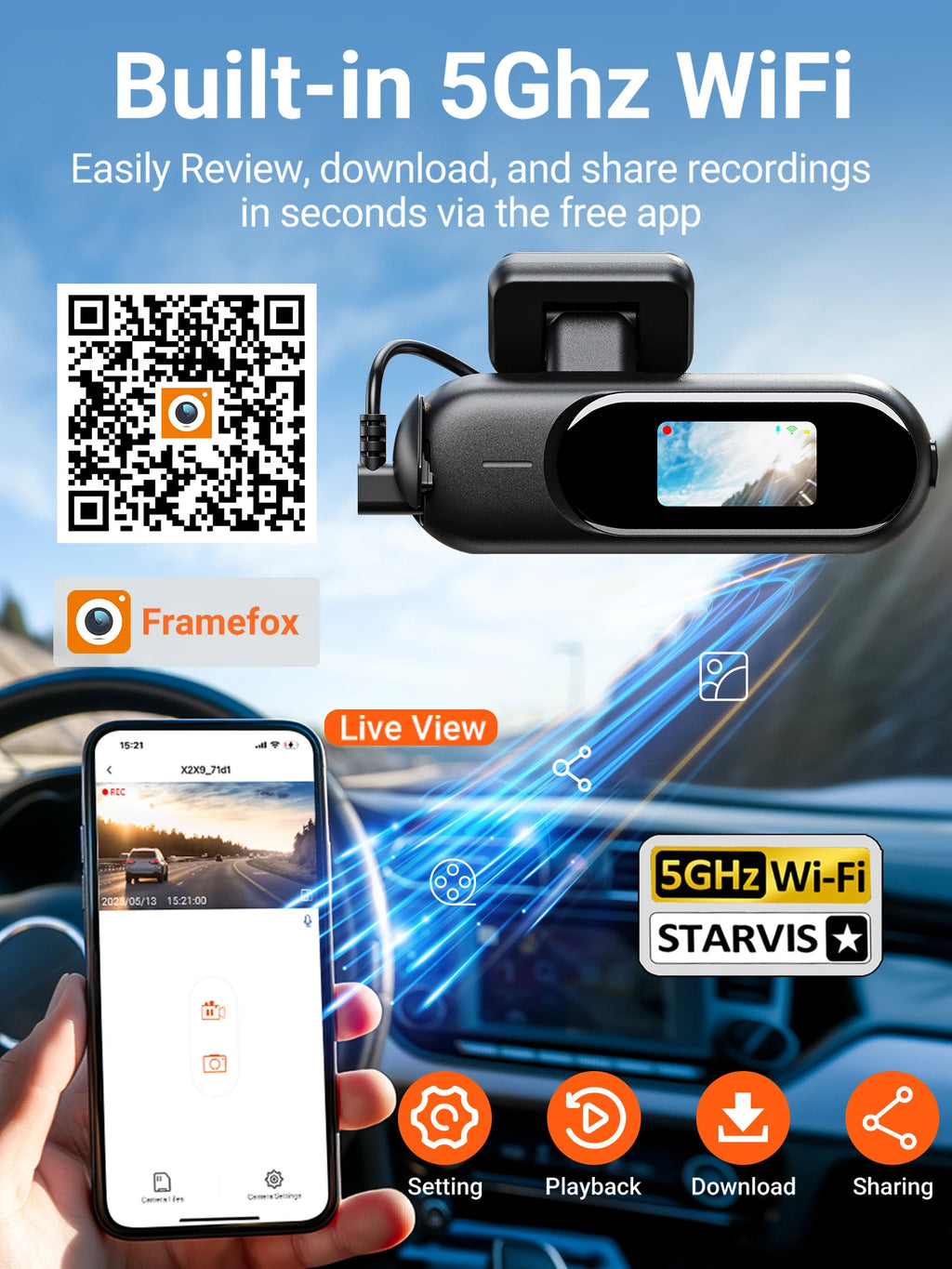 4K DUAL DASH CAM WIFI FRONT Y REAR CAR CAMERA WTH NIGTH VISION AND PARKING MODE.