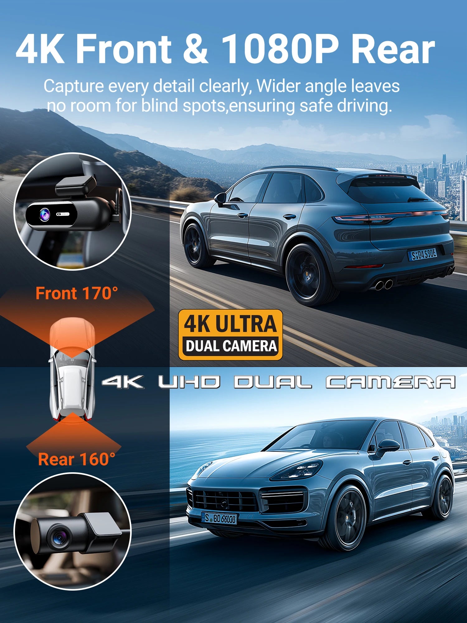 4K DUAL DASH CAM WIFI FRONT Y REAR CAR CAMERA WTH NIGTH VISION AND PARKING MODE.