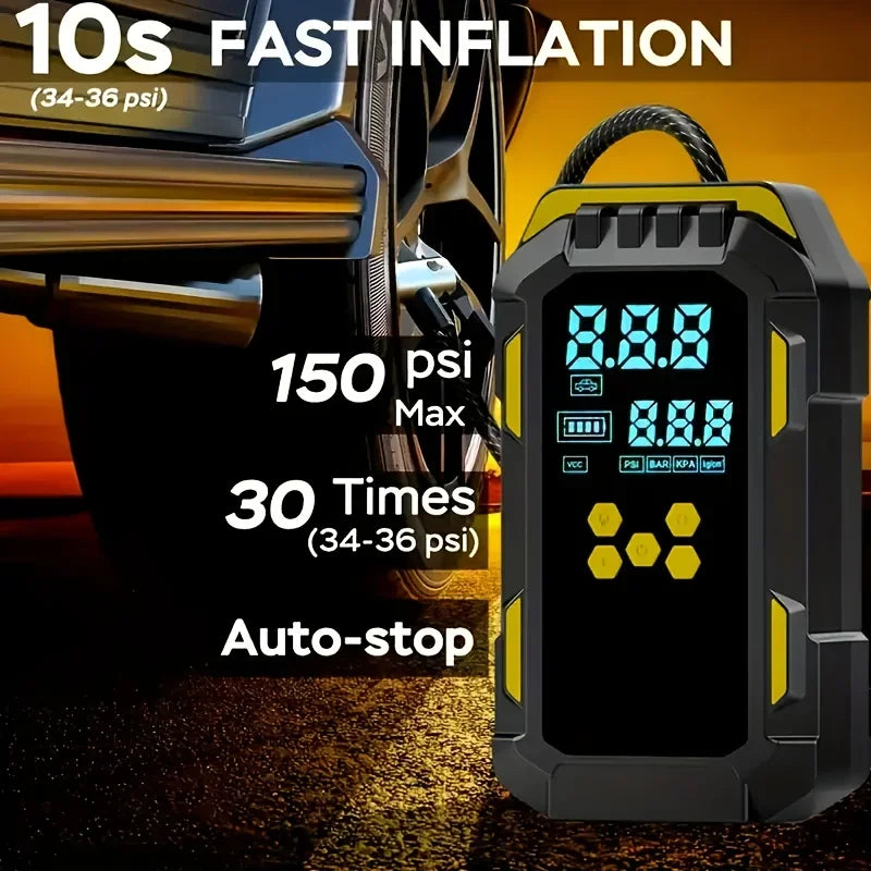 12V Durable 2-in-1 Car Jump Starter & Tire Air Compressor - 150PSI, -40°C-80°C Low-Temp Operation, USB Port for Phones
