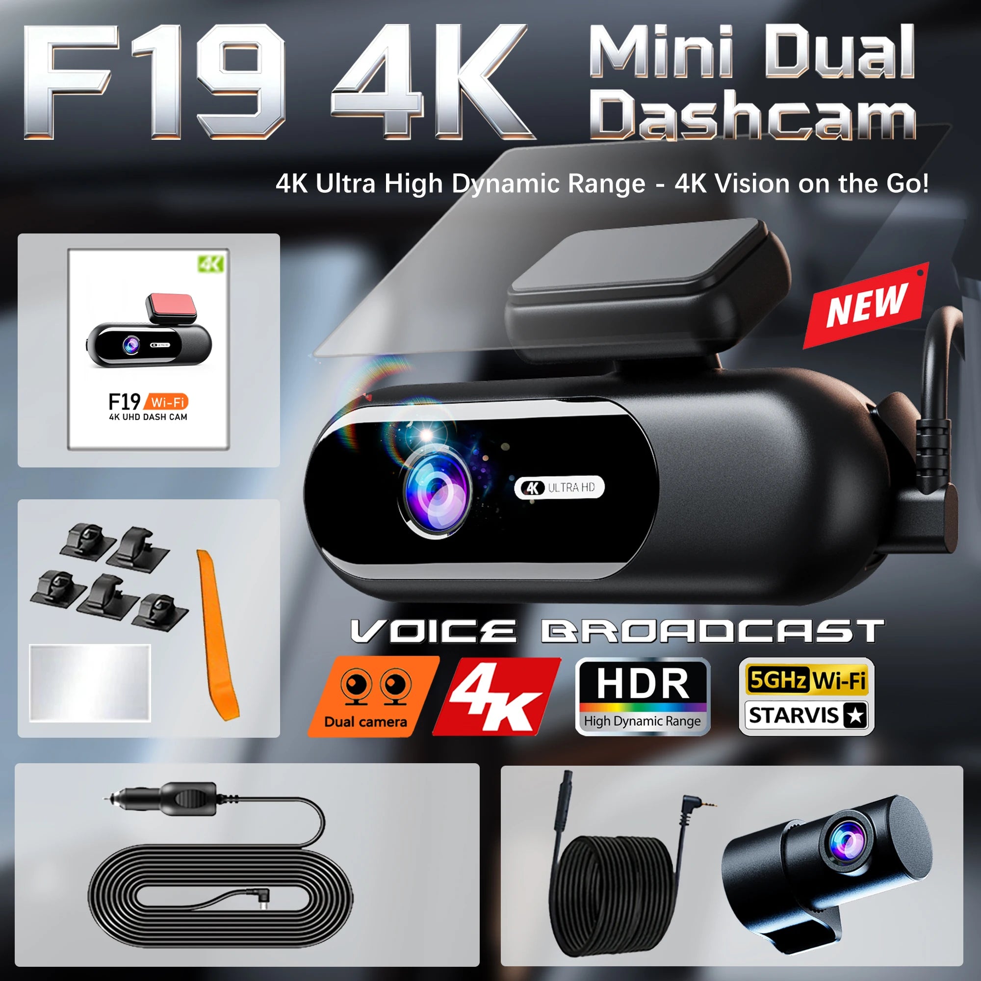 4K DUAL DASH CAM WIFI FRONT Y REAR CAR CAMERA WTH NIGTH VISION AND PARKING MODE.
