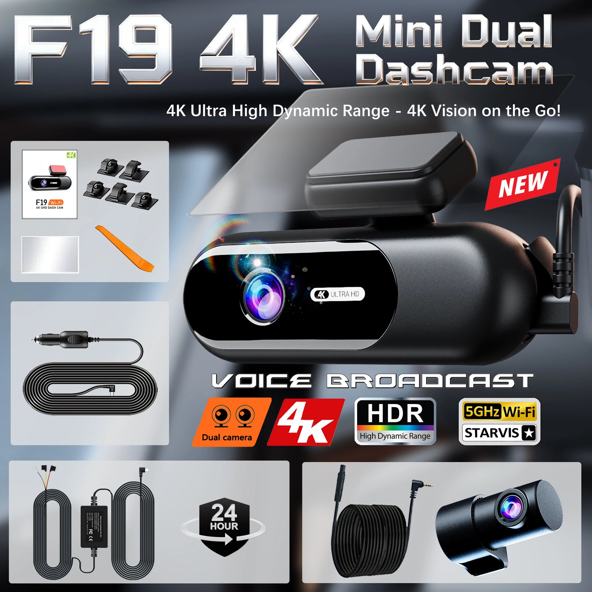 4K DUAL DASH CAM WIFI FRONT Y REAR CAR CAMERA WTH NIGTH VISION AND PARKING MODE.